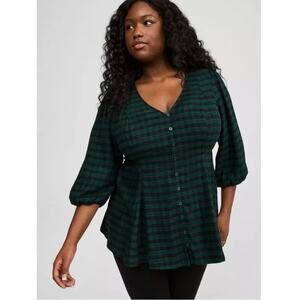 Torrid Green Plaid Dark Academia Babydoll Blouse Size 00 Soft Grunge